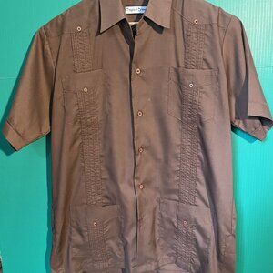 Tropical Breeze Guayabera Shirt Men’s M Brown Short Sleeve 4 Pocket Embroidered